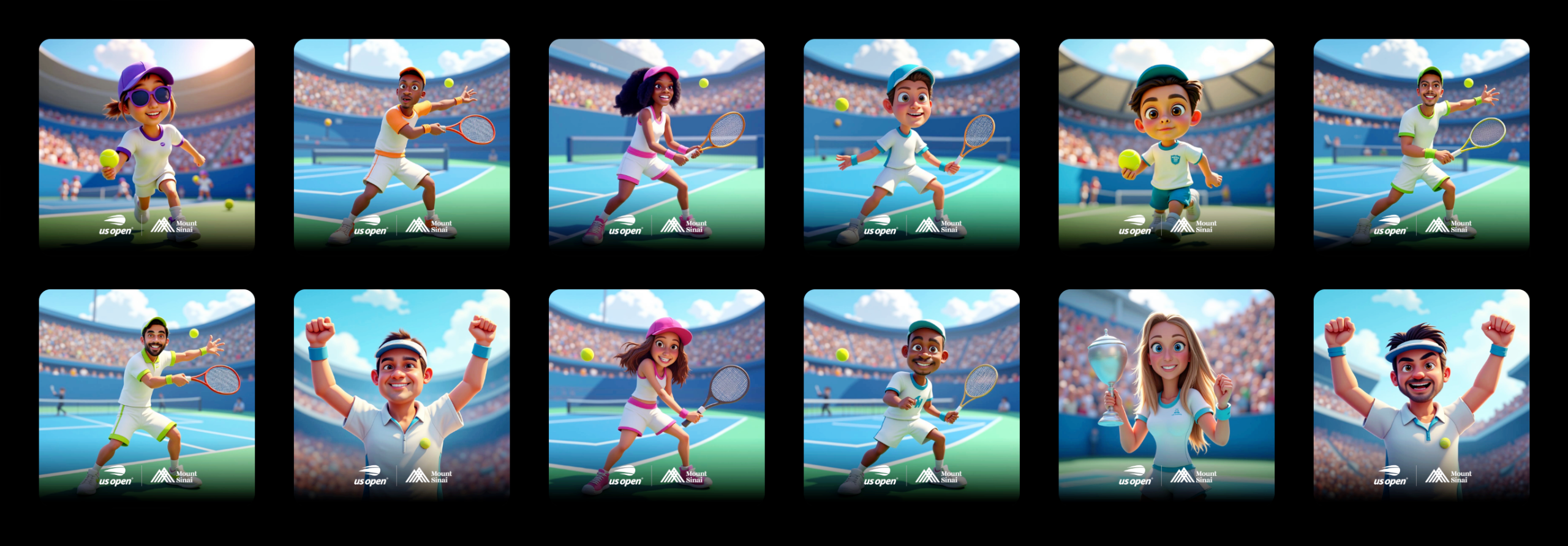 Gallery grid showing multiple AI photo booth transformations of guests as animated tennis players at US Open