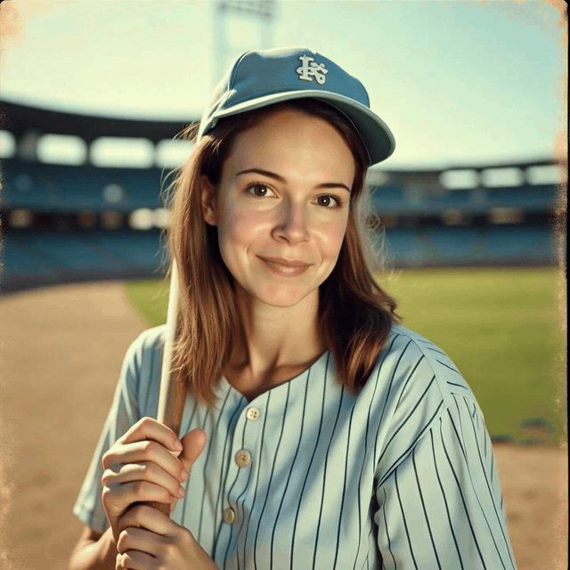 AI video transformation showing woman as vintage baseball player in retro stadium setting with film grain effect