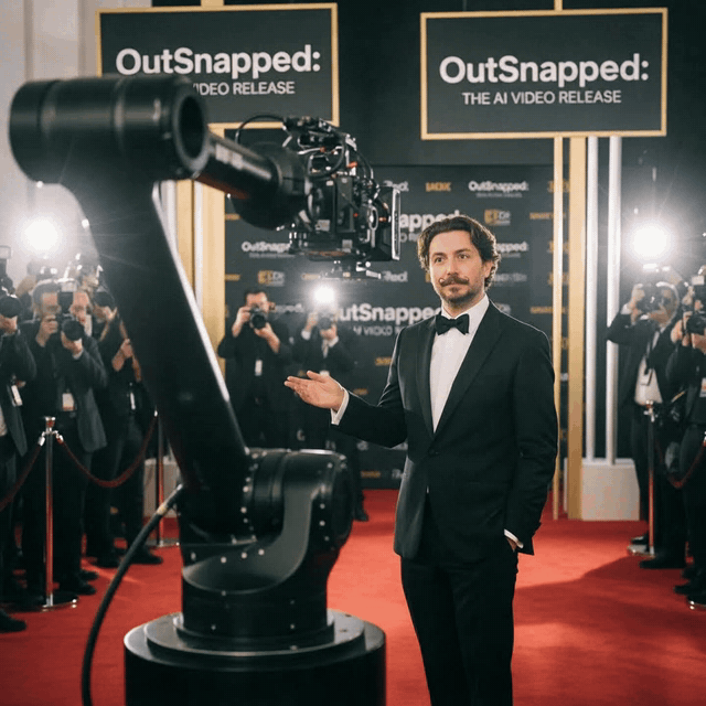 AI video transformation showing man in tuxedo on red carpet with paparazzi and OutSnapped branded backdrop