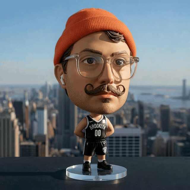 AI video transformation showing person as 3D bobblehead figurine in Brooklyn Nets jersey with NYC skyline background