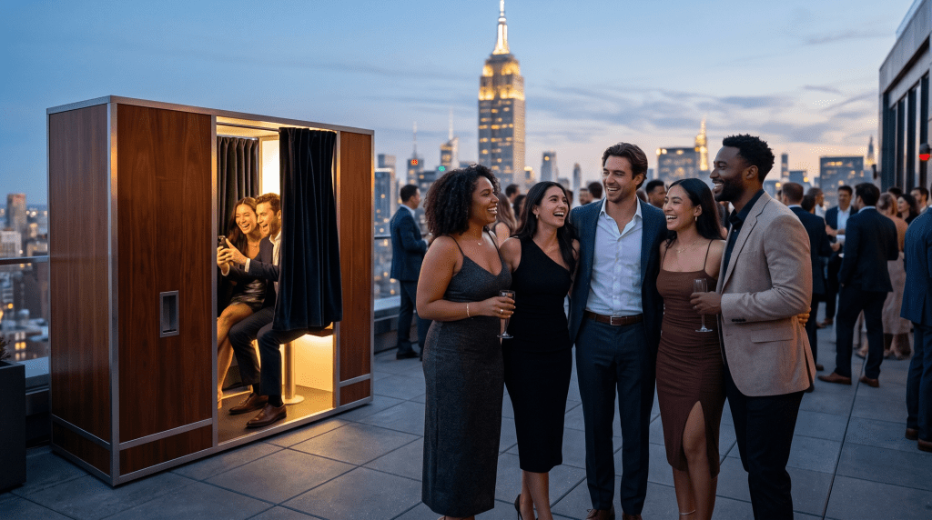 Guests inside a custom MagBooth taking photos with smartphones visible showing instant photo delivery