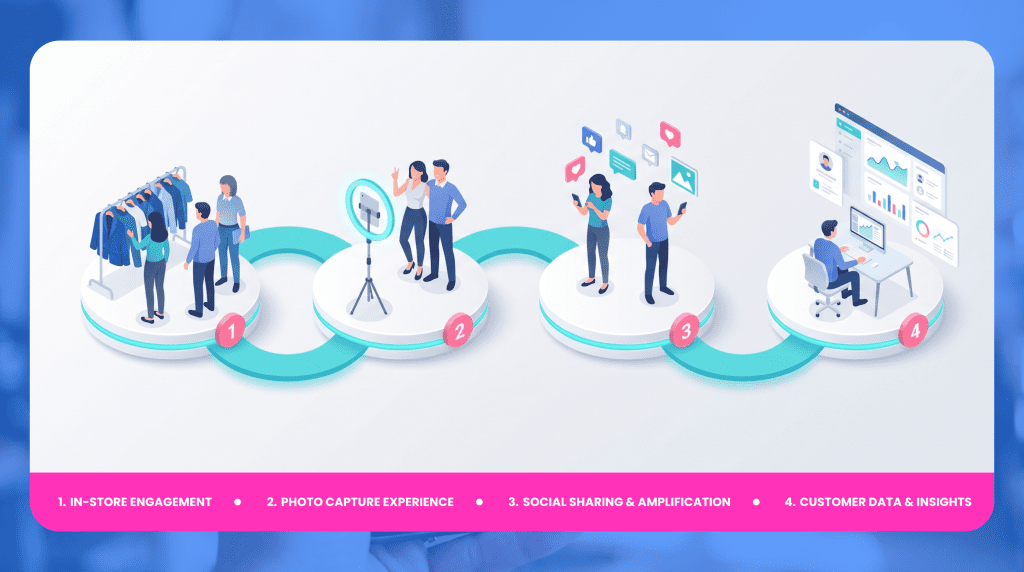 How Enterprise Retailers Can Leverage Modern Photo Experiences To Drive Foot Traffic, Brand Loyalty, And Revenue 3 Four-step flow showing in‑store shoppers, a photo capture moment, social sharing, and customer data analytics for retail photo experiences