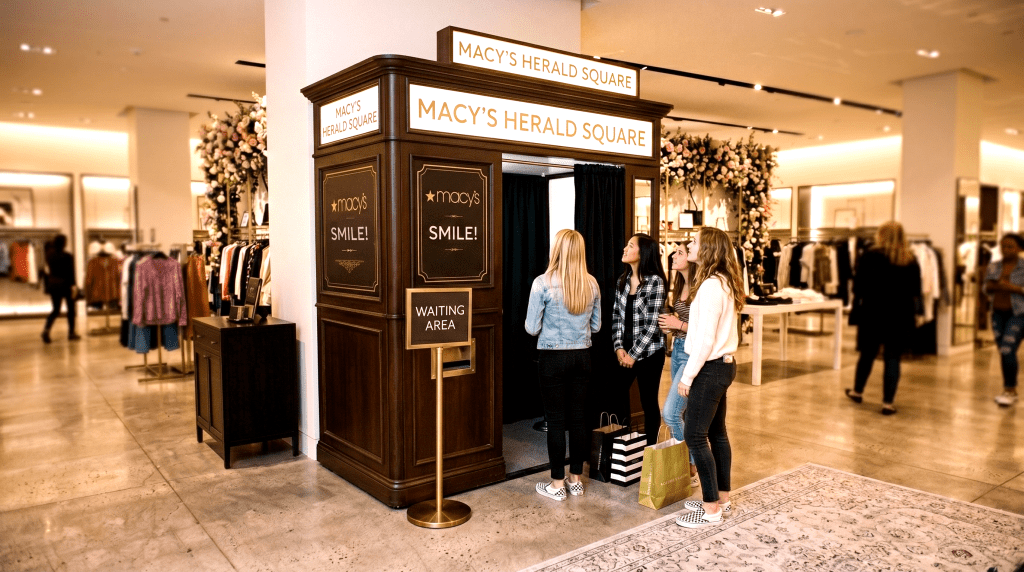 How Enterprise Retailers Can Leverage Modern Photo Experiences To Drive Foot Traffic, Brand Loyalty, And Revenue 1 Shoppers posing at a custom mag booth inside a retail store