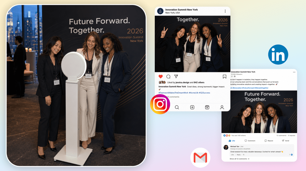 Corporate Photo Booths In NYC: How To Turn Events Into Content And Leads 1 Branded corporate photo booth output with custom overlay and company logo generated at a New York City event