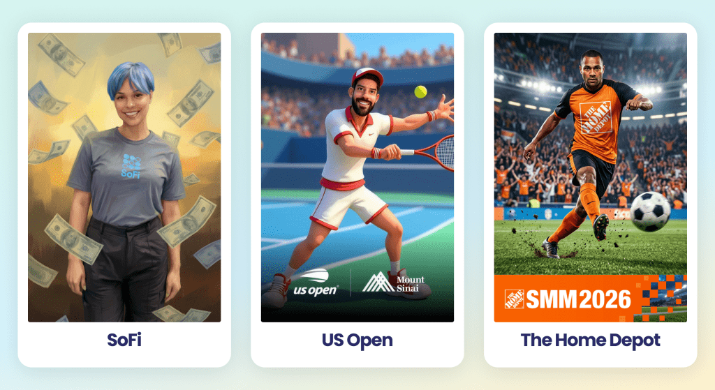 Three Outsnapped AI photo booth activations showing branded creative outputs from past client events